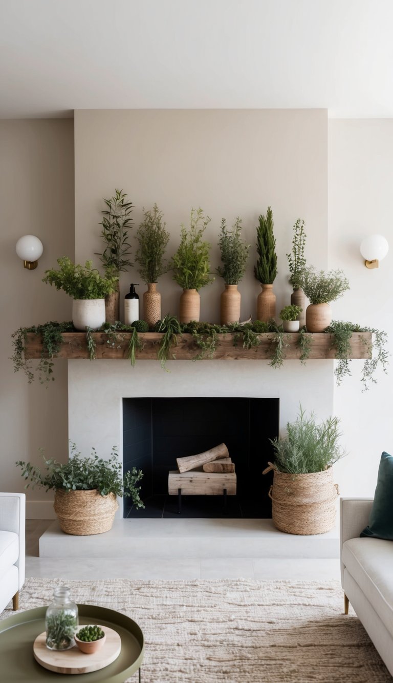 A rustic mantel adorned with various herbs and earthy textures, creating a natural and elegant display