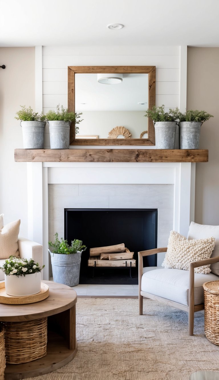 A rustic mantel adorned with galvanized buckets and natural elements
