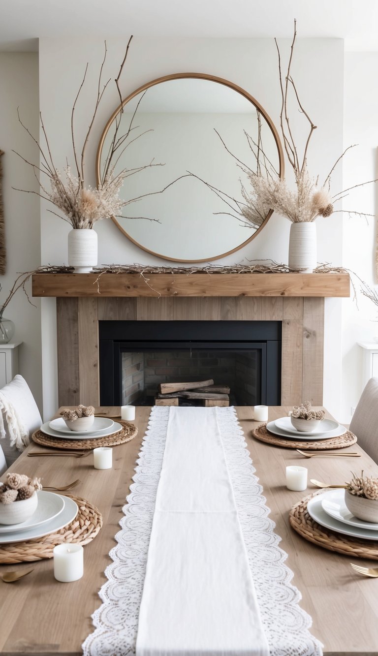 A wooden mantel adorned with linen lace table runners, surrounded by natural elements like twigs, dried flowers, and rustic decor