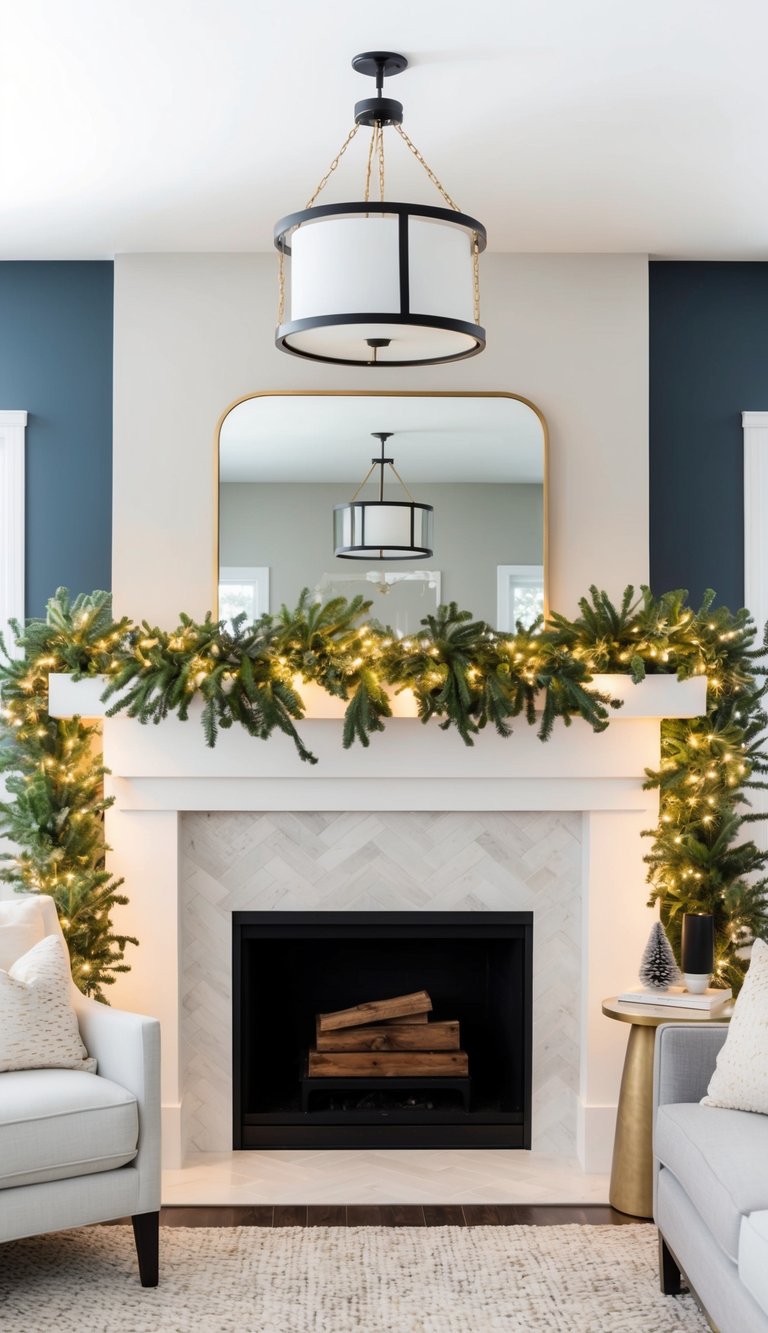 A mantel adorned with garlands and twinkling LED lights