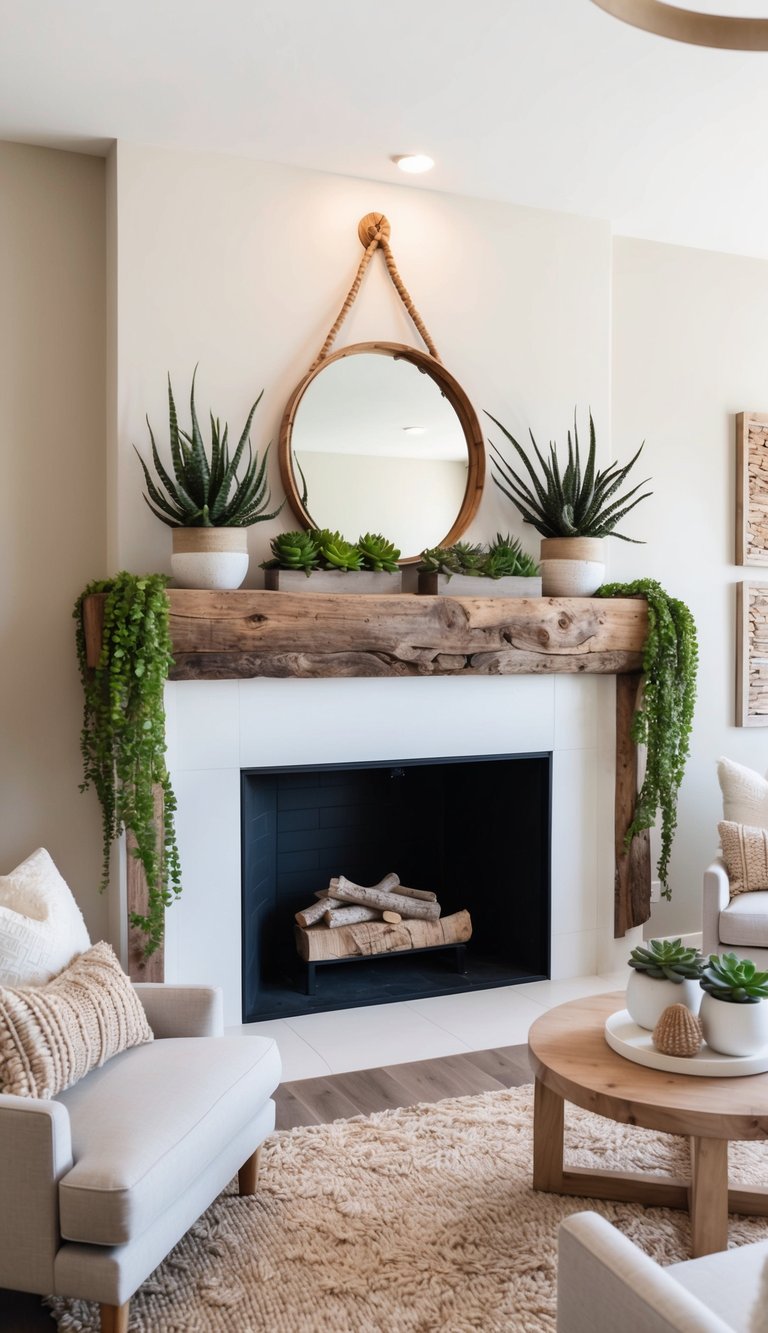 A rustic mantel adorned with succulent gardens and earthy textures for natural elegance