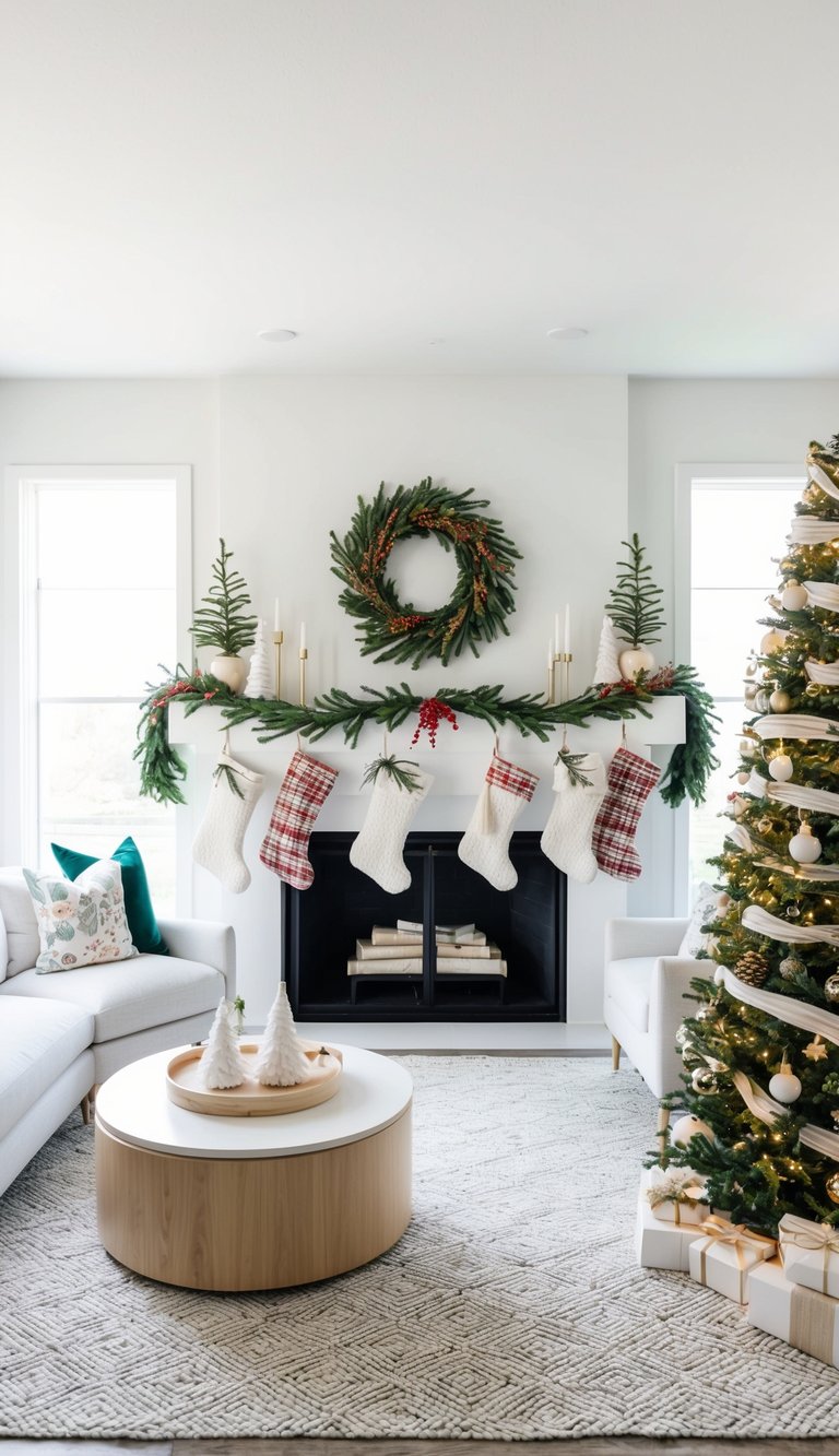 A festive mantel adorned with garlands, stockings, and cheerful decor