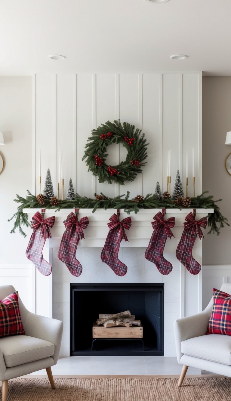 Plaid ribbons and bows adorn a festive Christmas mantel with garlands and stockings