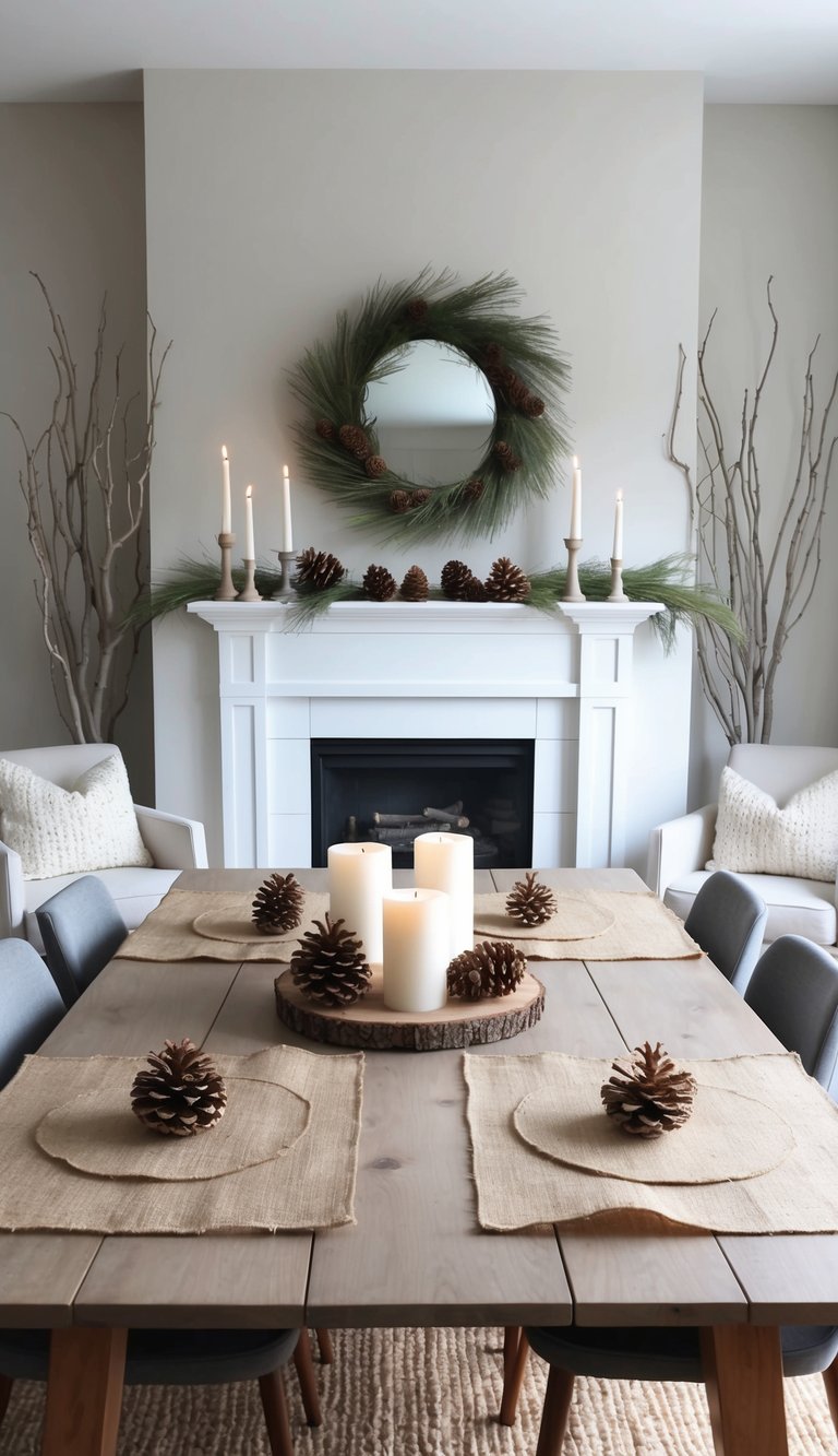 Rustic burlap table mats set on a wooden table, surrounded by natural elements like twigs, pinecones, and candles for a cozy, elegant mantel display