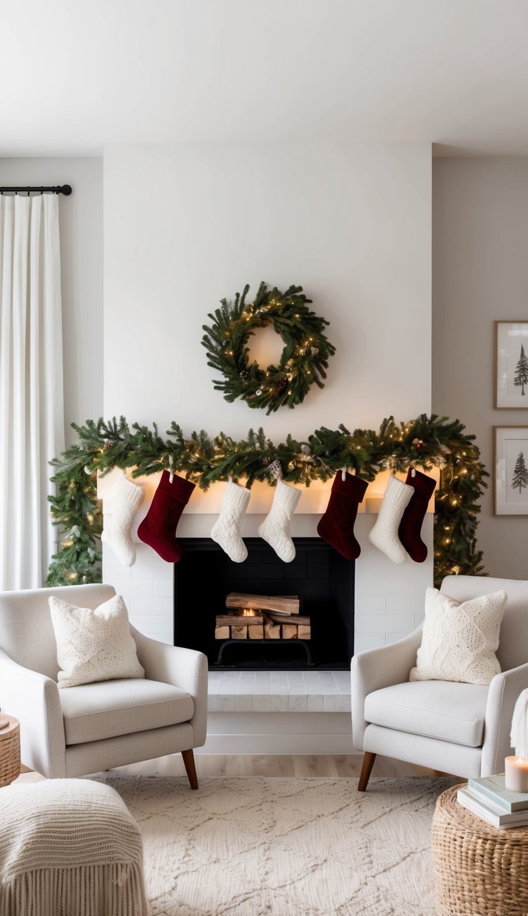 A cozy winter village scene with a festive mantel adorned with garlands, stockings, and twinkling lights