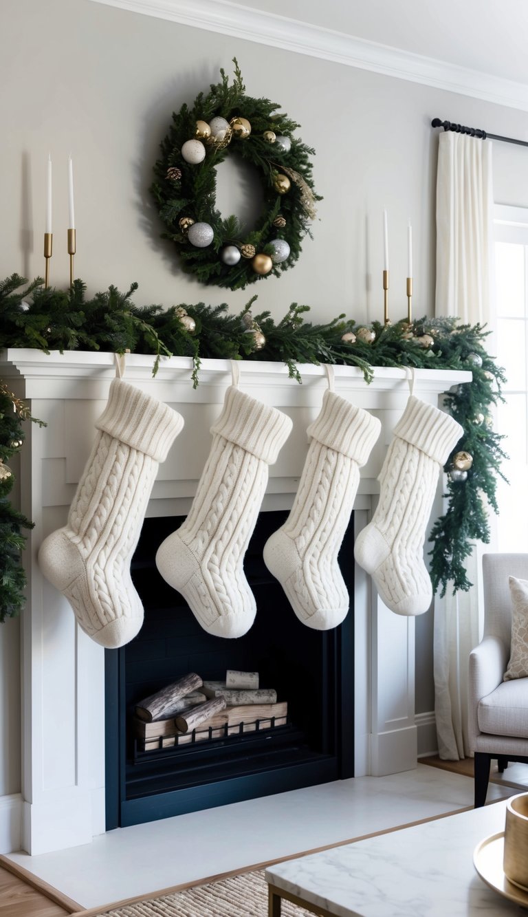 Oversized knit stockings hang from a festively decorated mantel adorned with garlands and ornaments