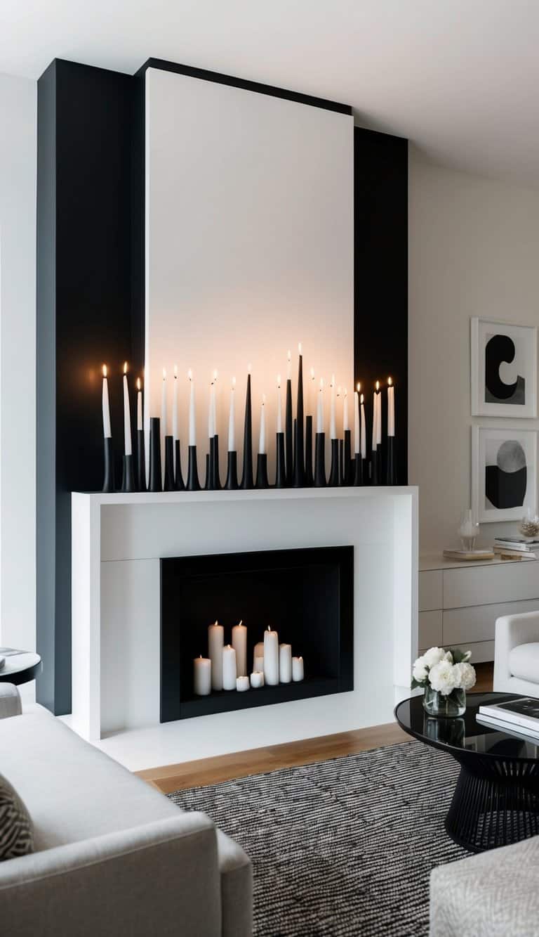 A sleek black and white mantel adorned with an array of monochrome candles, creating a timeless contrast in the room