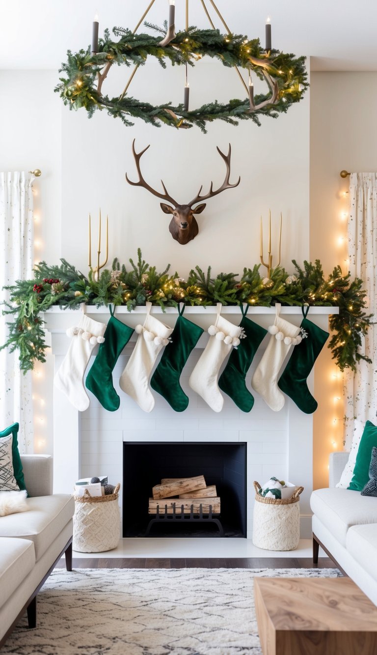 A festive mantel adorned with garlands, stockings hung from antler stocking holders, surrounded by twinkling lights and holiday decor