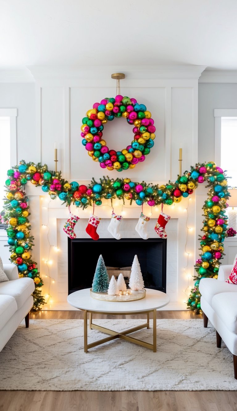 A colorful ball garland drapes across a festive Christmas mantel, surrounded by twinkling lights and other cheerful decorations