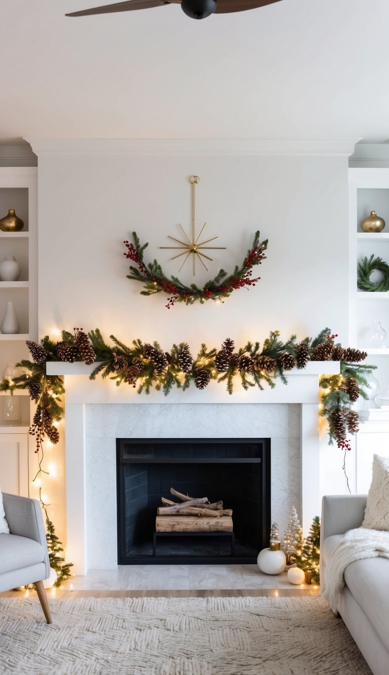 A festive mantel adorned with winterberry and pinecone swag, surrounded by twinkling lights and other holiday decor