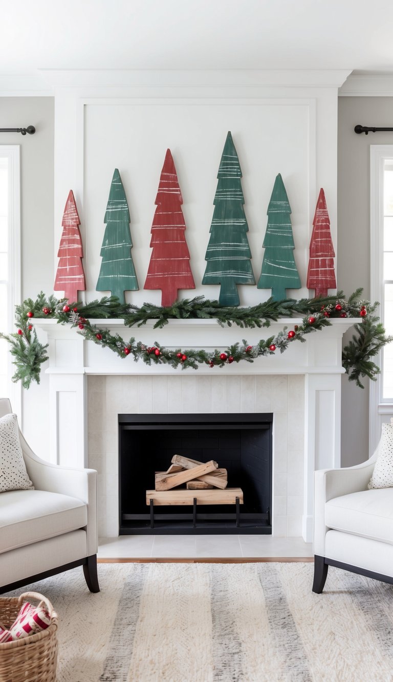 A mantel adorned with chalk-painted wooden trees and festive garlands