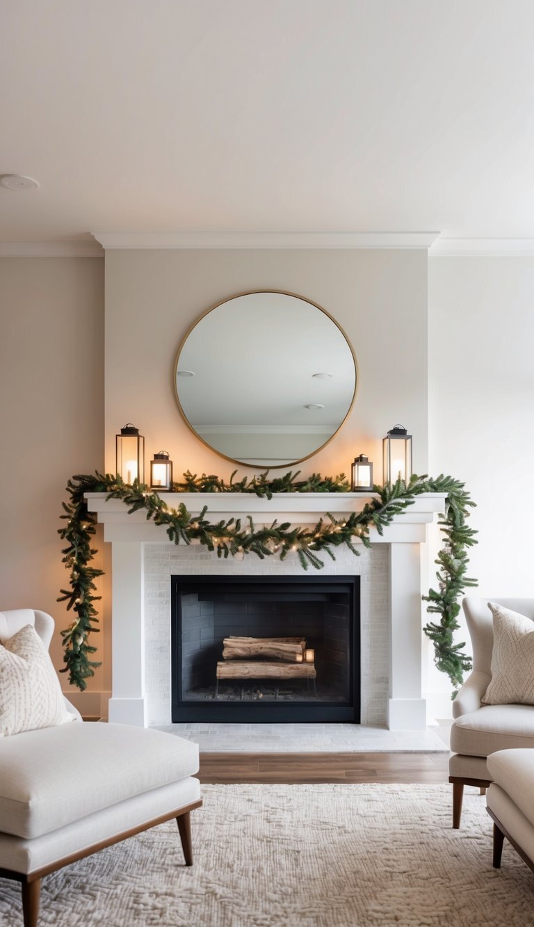 A mantel adorned with garlands and soft glow lanterns