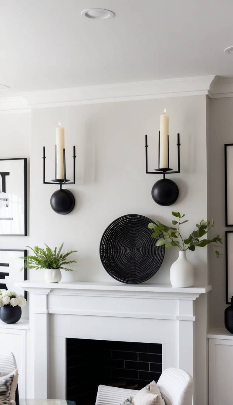 Two black metal candle sconces on a white mantel, surrounded by black and white decor for a timeless contrast