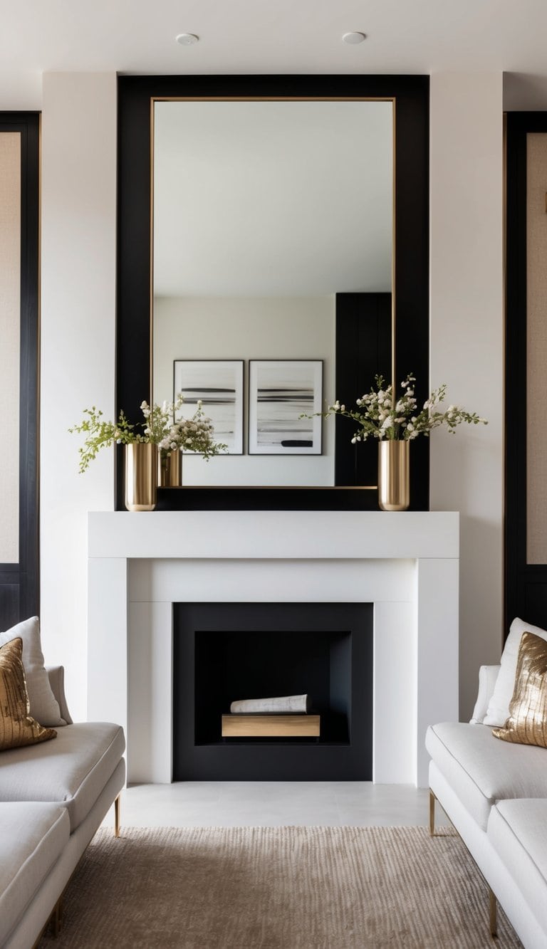 A sleek black and white mantel adorned with metallic accent pieces, creating a timeless contrast