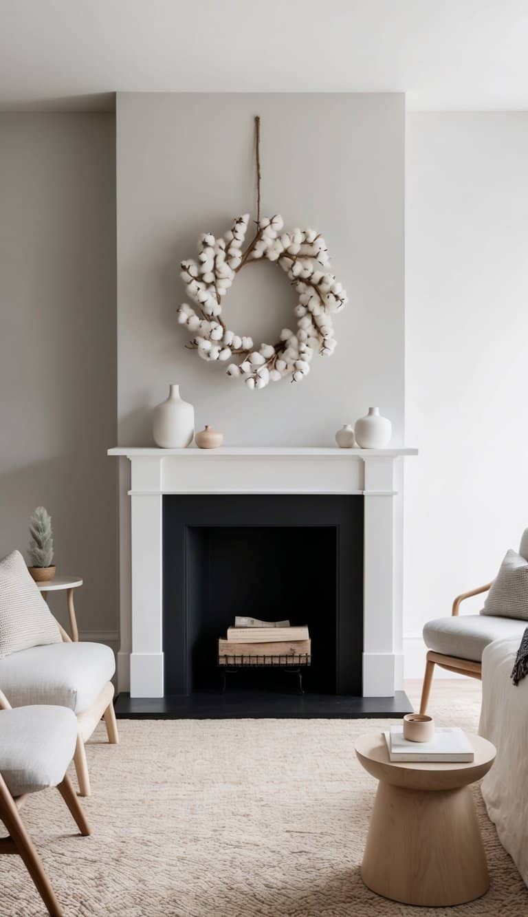 A natural cotton wreath hangs on a black and white mantel, creating a timeless contrast in a minimalist setting