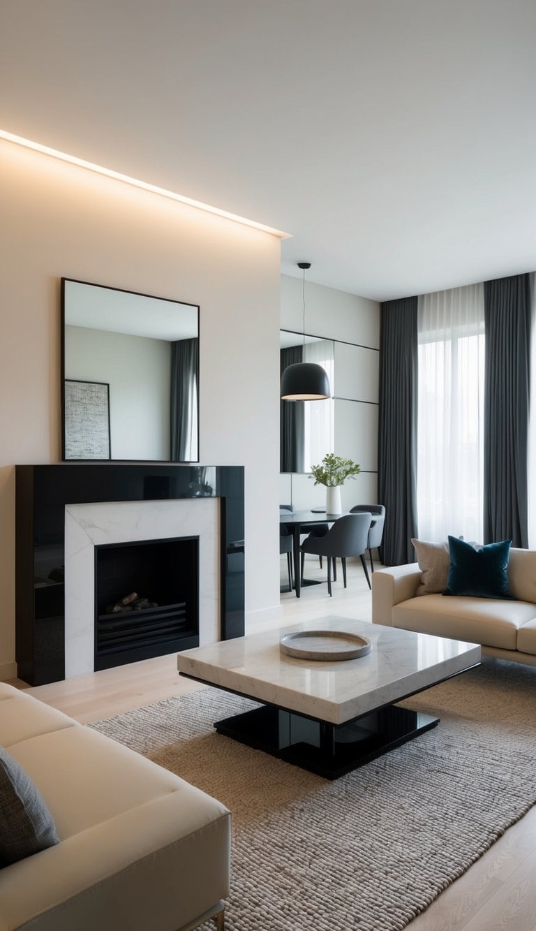 A sleek, modern living room with a black mirror on a black and white mantel, creating a timeless contrast