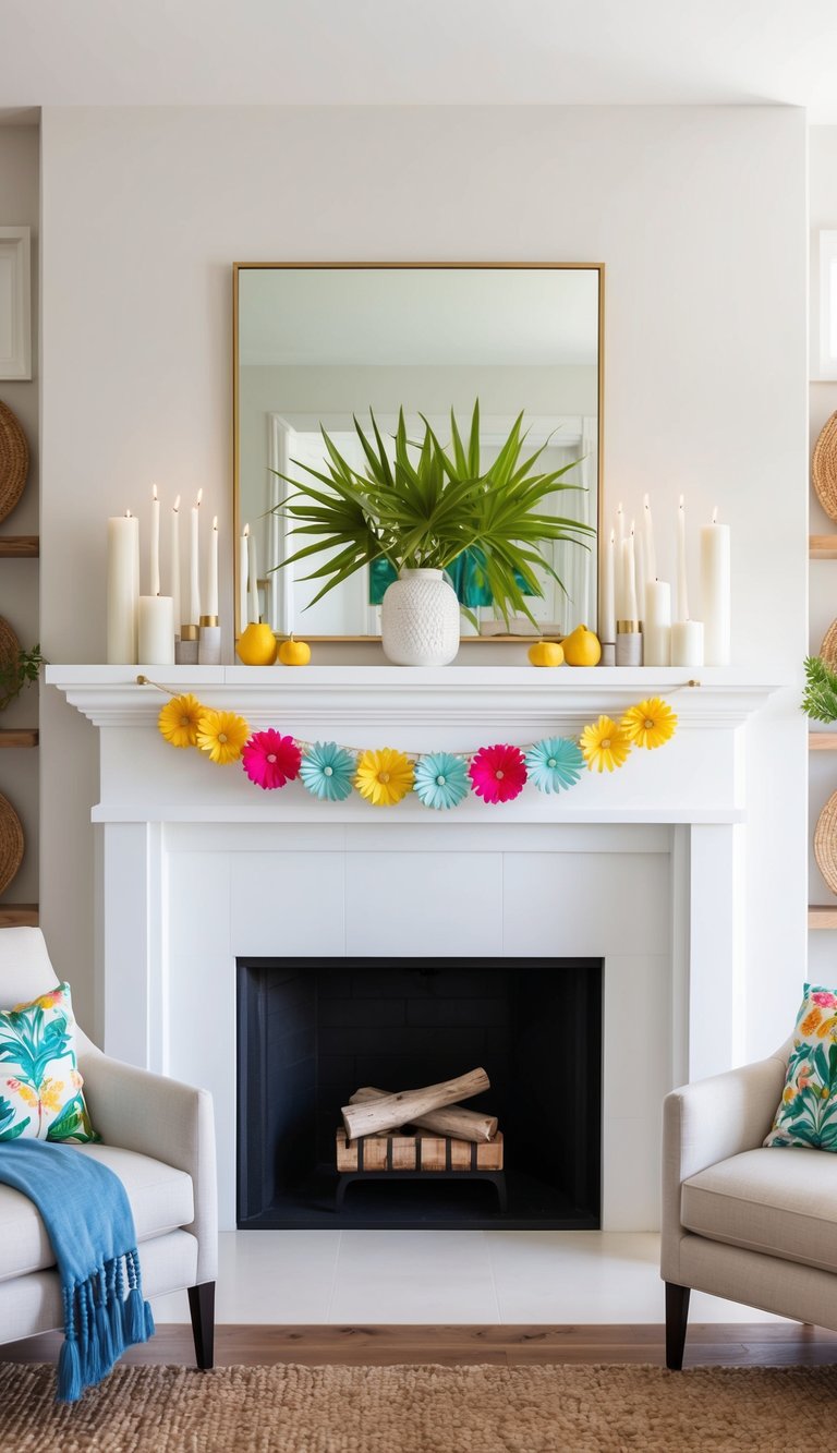 A mantel adorned with white candles and vibrant summer decor