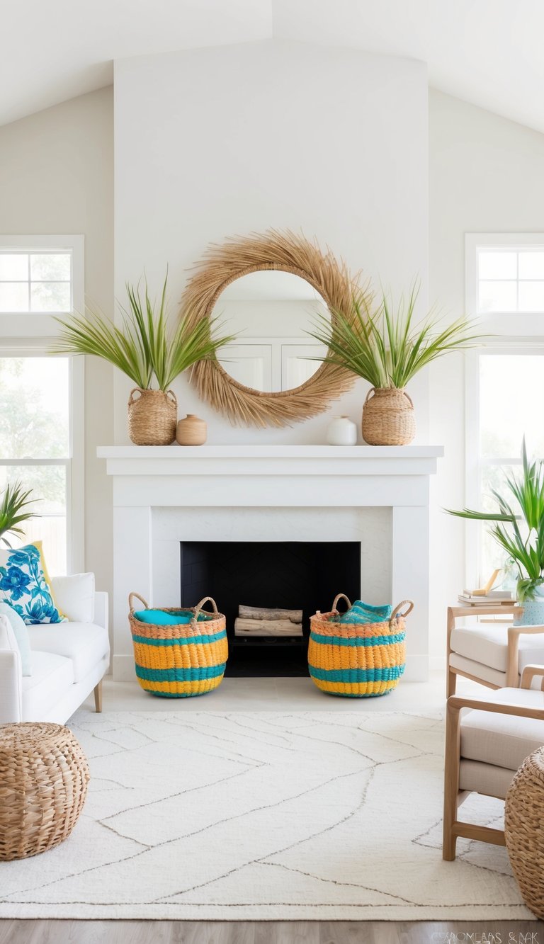 A bright and airy mantel adorned with vibrant seagrass baskets and natural elements