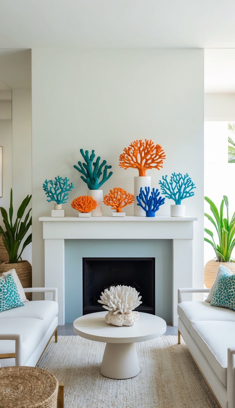 A collection of vibrant coral sculptures arranged on a mantel, surrounded by natural elements and bright, airy decor