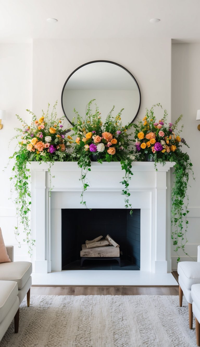 A bright mantel adorned with colorful floral arrangements, lush greenery, and delicate vines cascading down the sides
