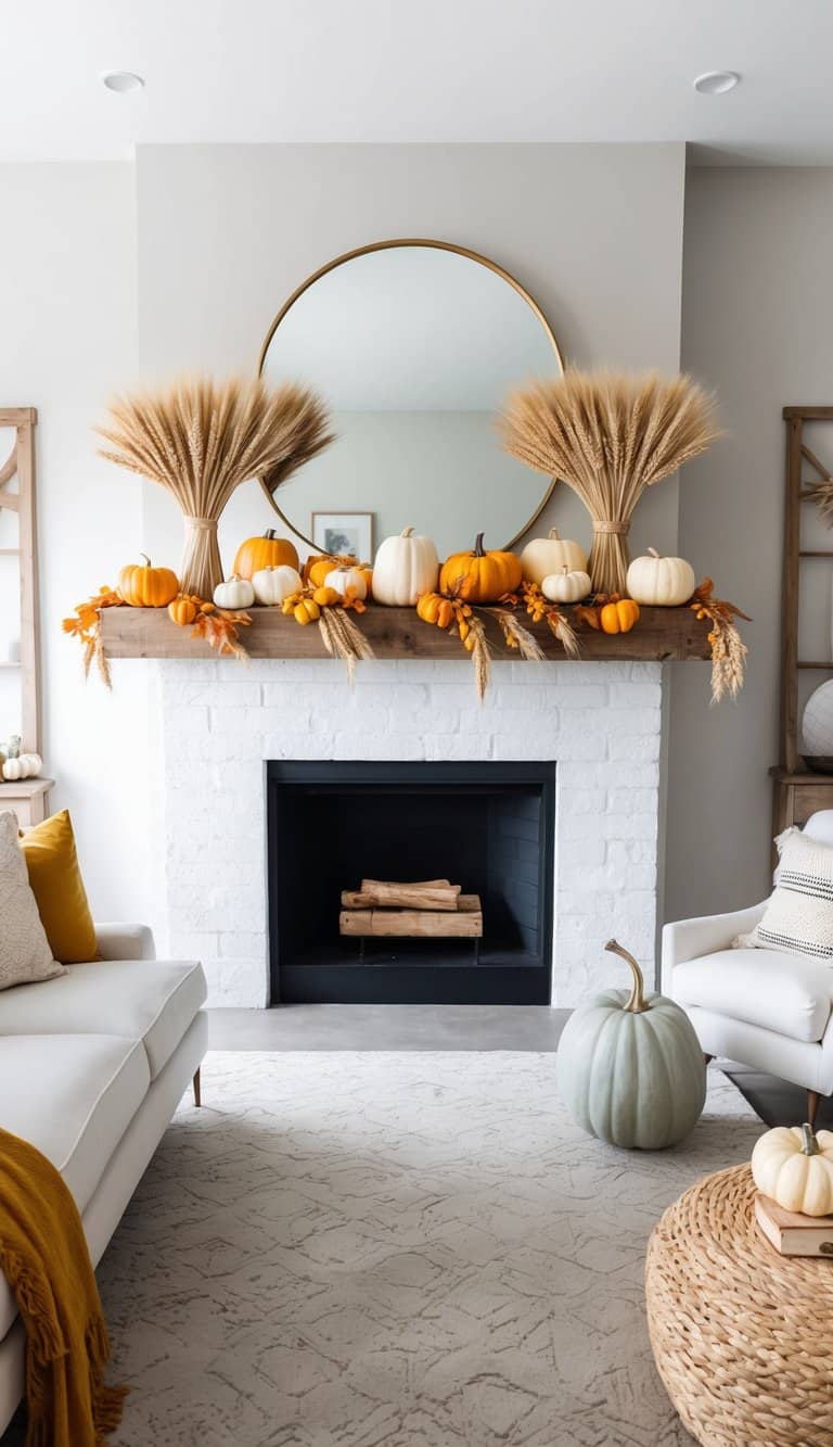 A rustic mantel adorned with golden wheat sheaves, pumpkins, and autumnal hues