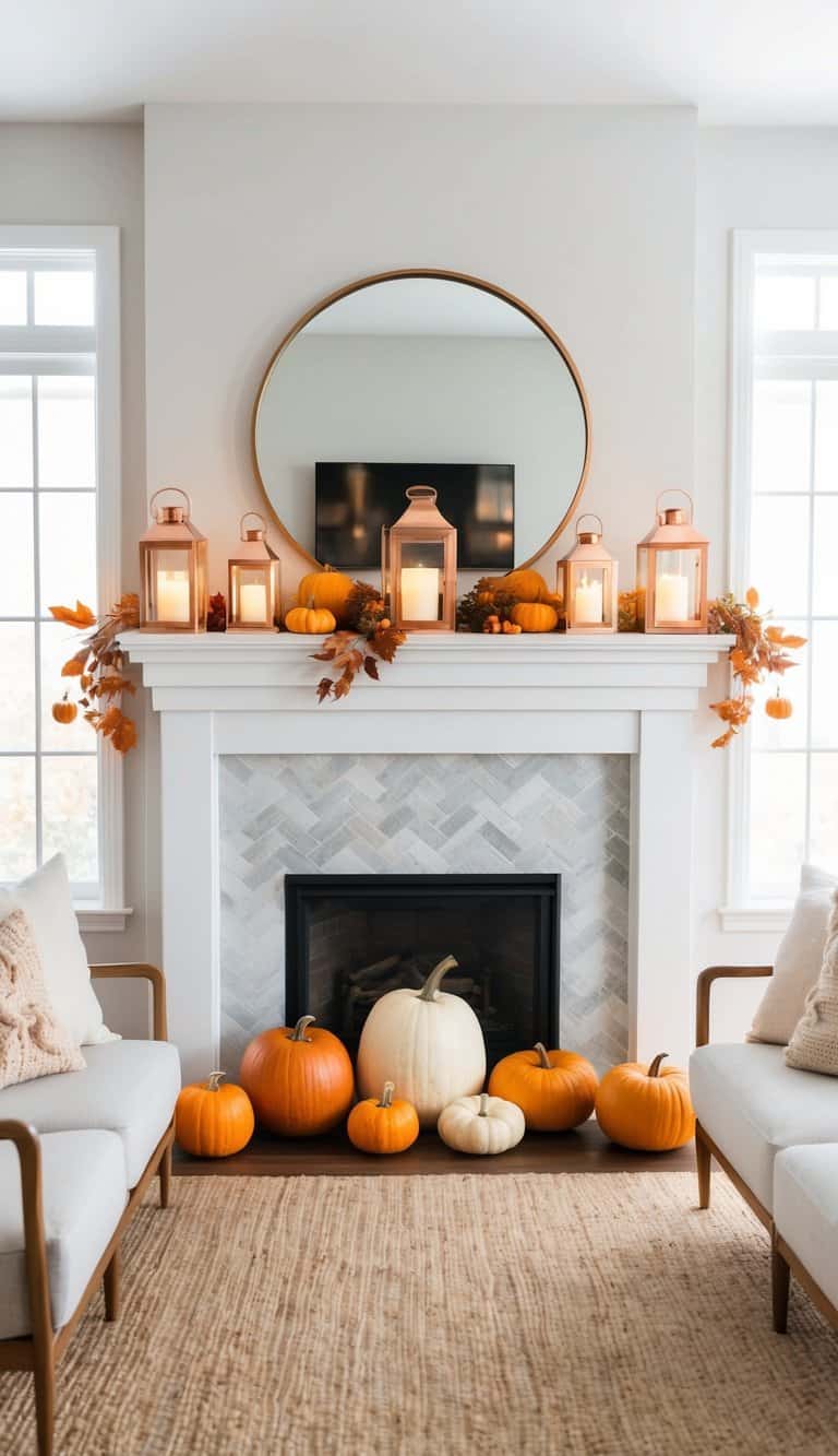 Copper lanterns glow among pumpkins and autumn foliage on a cozy fall mantel