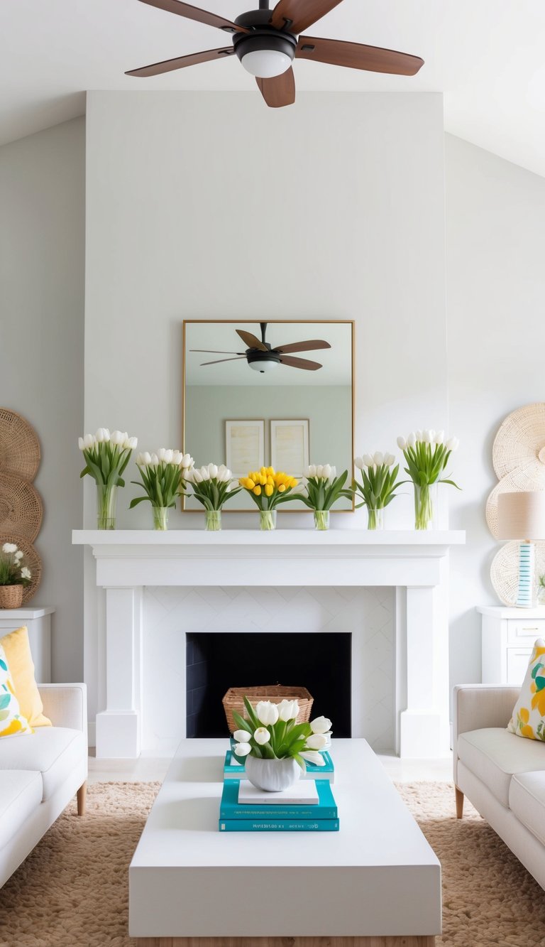 A bright and airy mantel adorned with white tulip centerpieces and vibrant summer colors