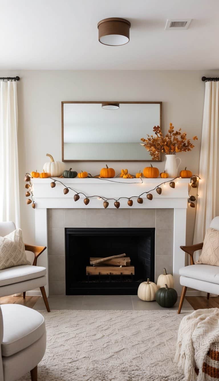 A cozy mantel adorned with acorn string lights, pumpkins, and autumnal hues