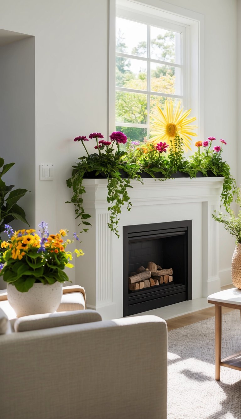 The mantel bursts with colorful flowers and lush greenery, completed by a floral window decoration