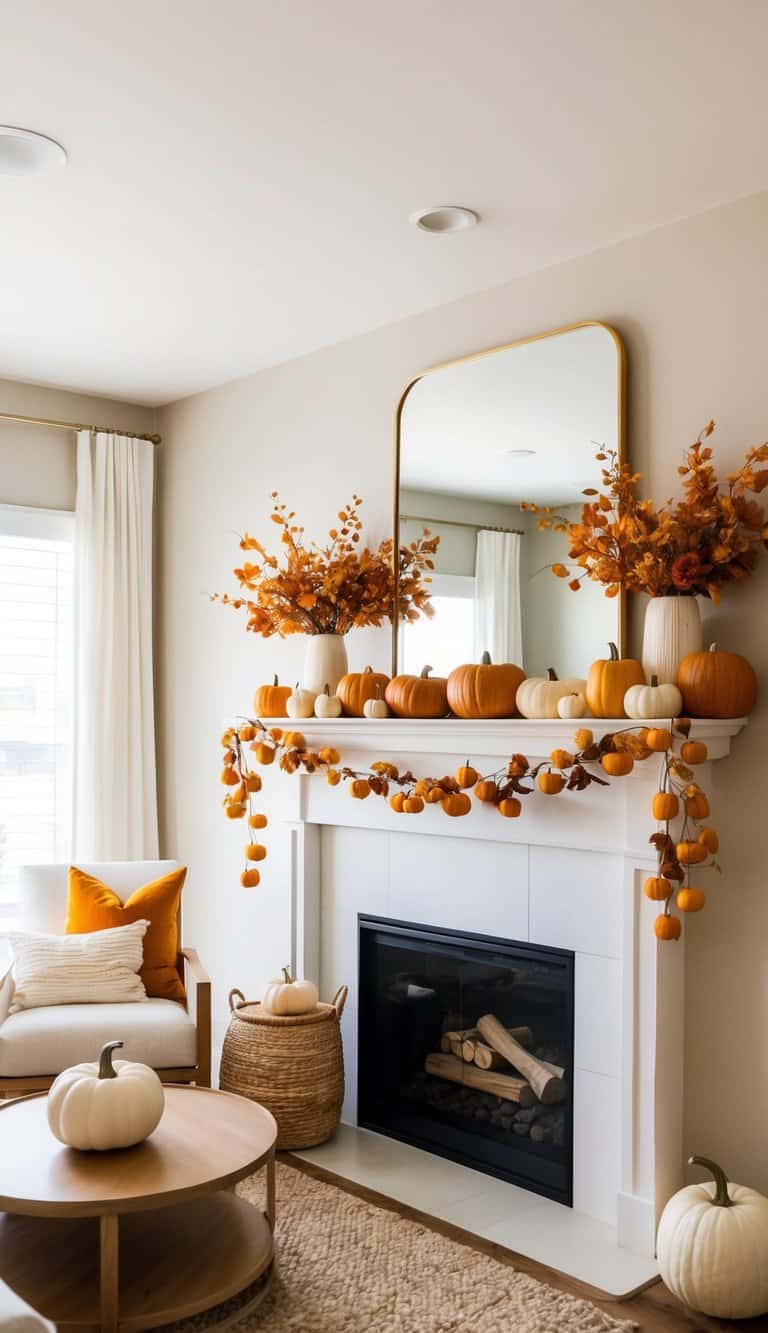 A cozy fall mantel adorned with pumpkins, autumnal hues, and pumpkin spice scented candles creates a warm and inviting atmosphere