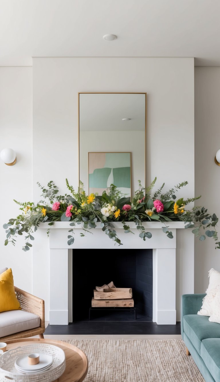 A mantel adorned with eucalyptus sprays, vibrant summer flowers, and natural elements, creating a bright and airy atmosphere