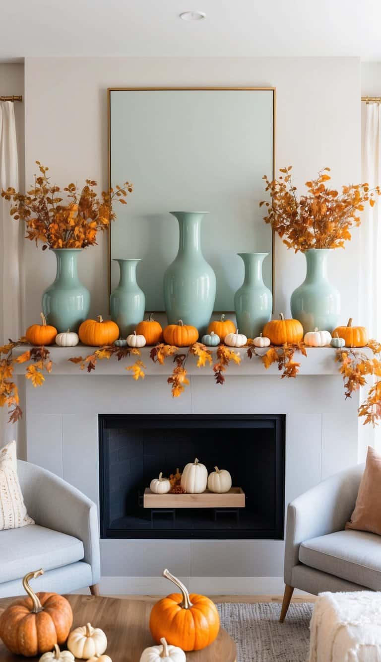 A collection of sage green ceramic vases surrounded by pumpkins and autumnal decor on a cozy fall mantel