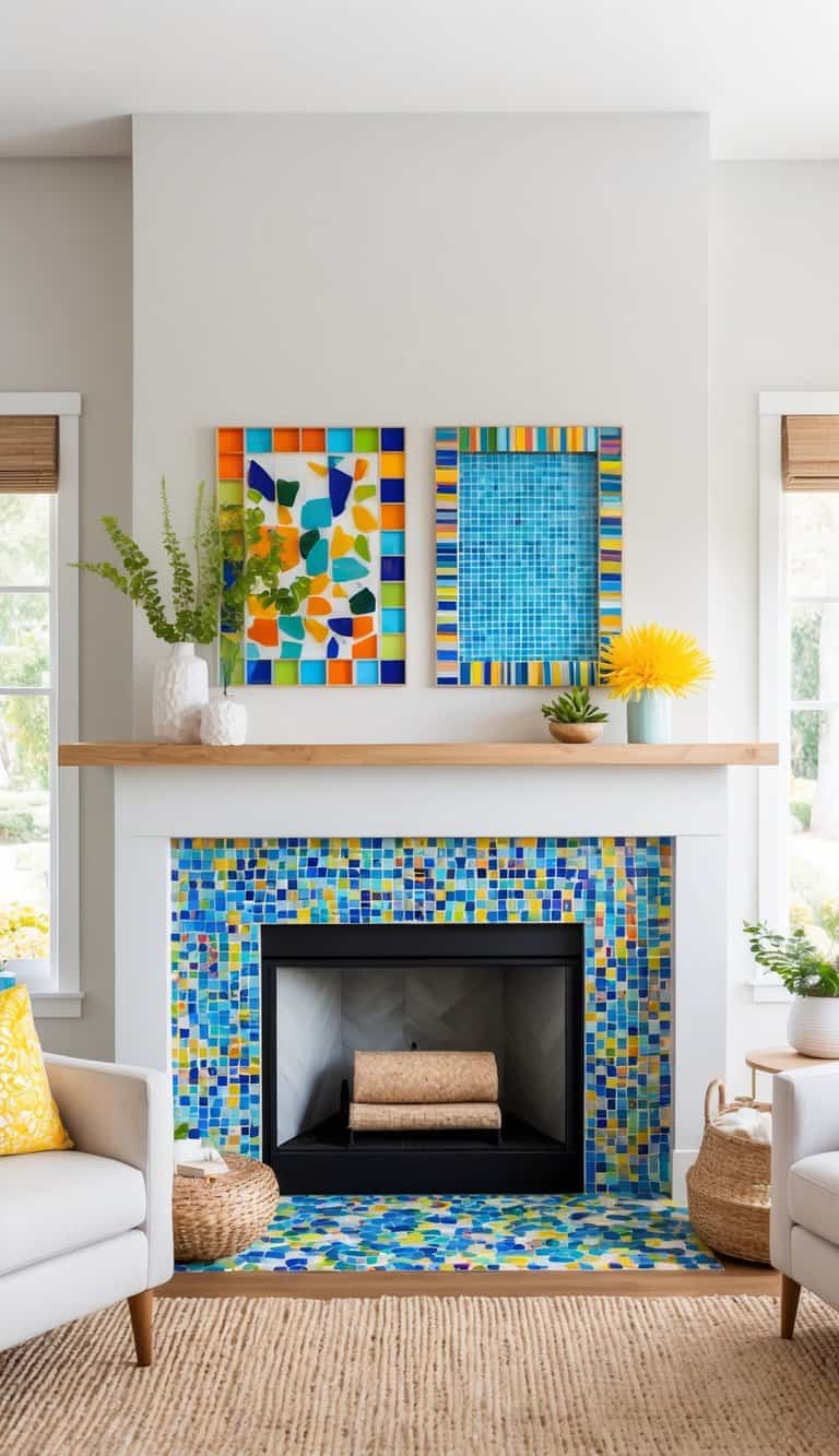 A mantel adorned with colorful mosaic tile frames, surrounded by bright summer decor and natural elements