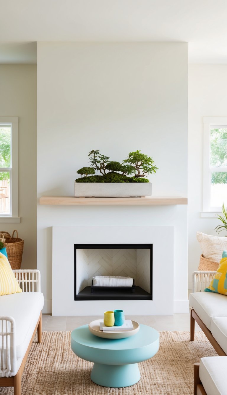A small Zen garden sits atop a minimalist mantel, surrounded by bright, airy decor and vibrant summer colors