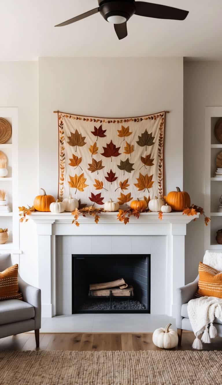 A cozy fireplace mantel adorned with embroidered fall leaves tapestry, pumpkins, and warm autumnal hues