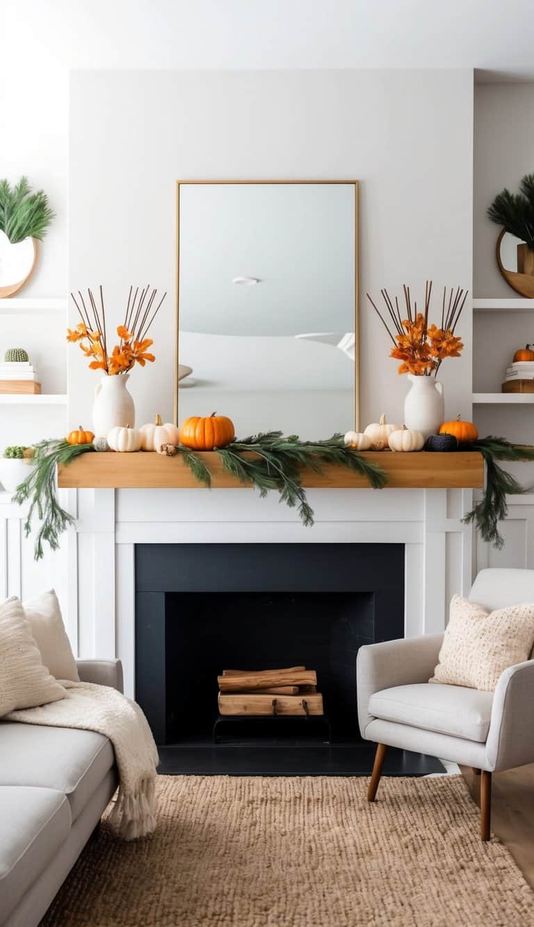 A cozy living room mantel adorned with autumn incense sticks, pumpkins, and autumnal hues