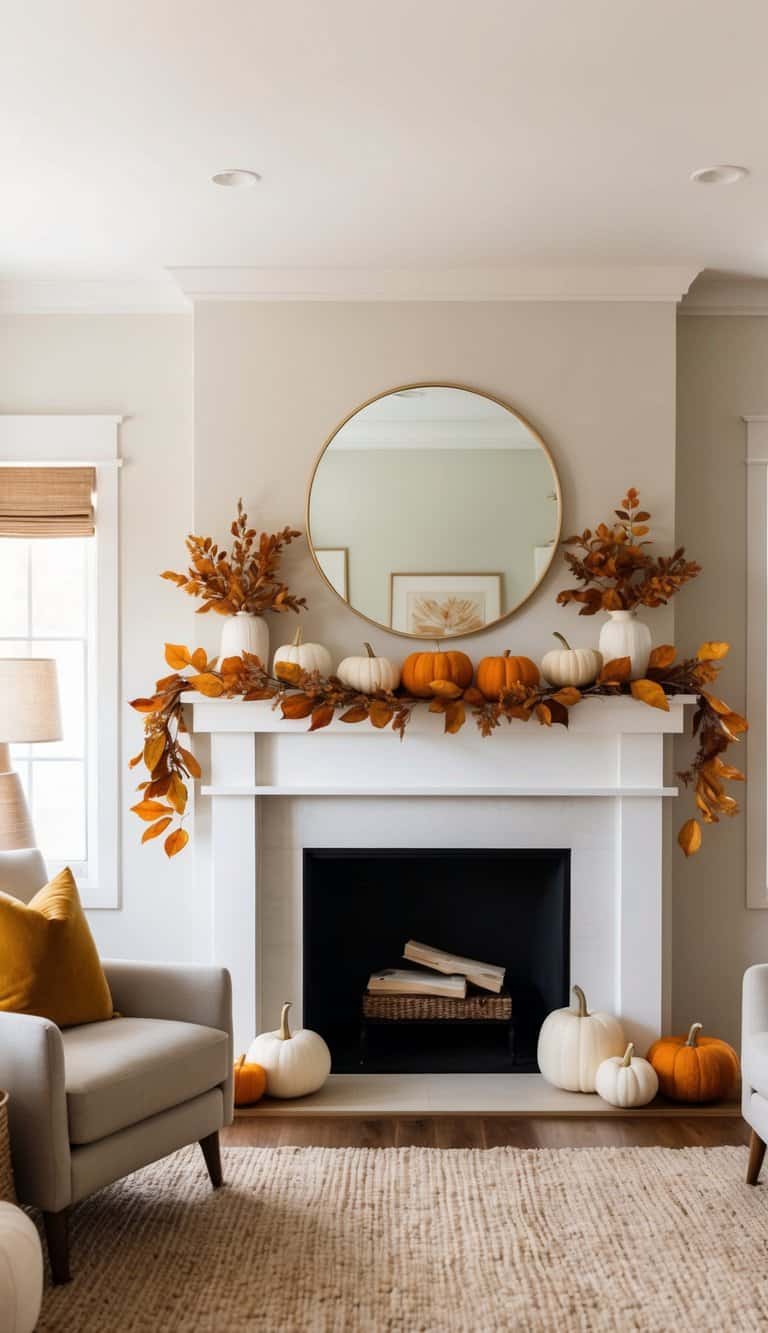 A cozy mantel adorned with a silk fall foliage garland, pumpkins, and warm autumnal hues