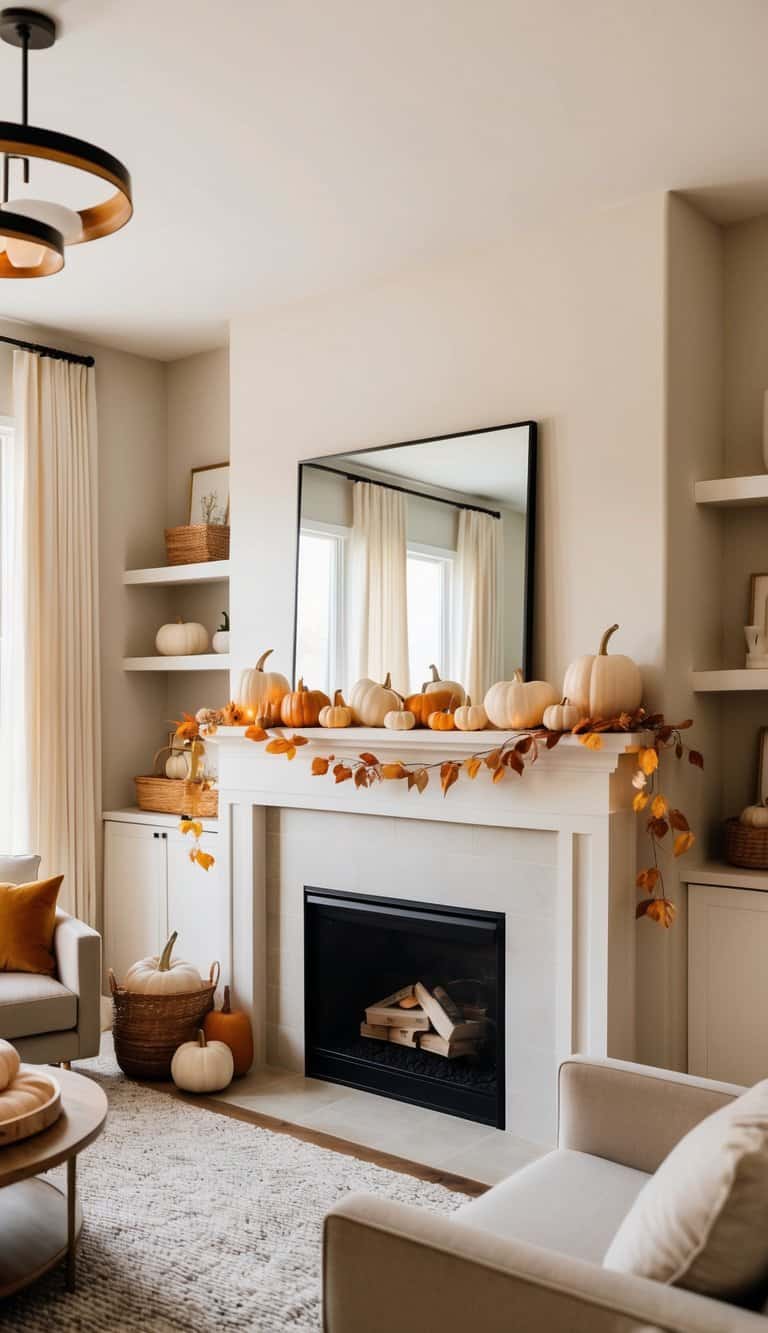 A cozy fireplace mantel adorned with autumnal hues, pumpkins, and warm lighting