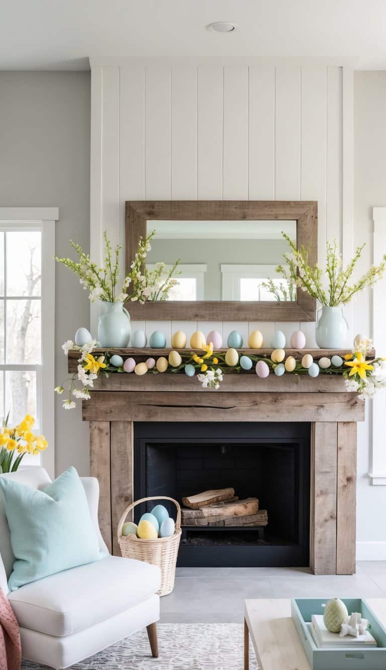 A rustic wooden mantel adorned with an Easter egg garland, pastel eggs, and bright spring flowers