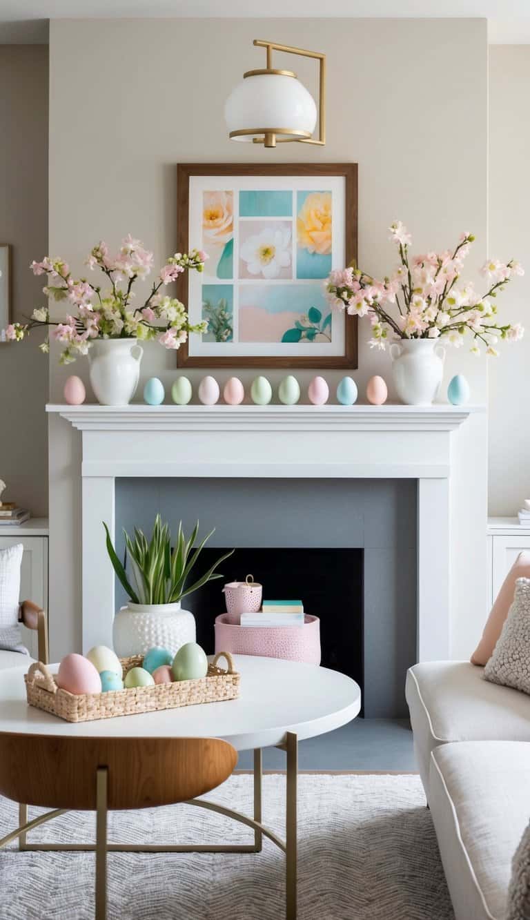 A mantel adorned with pastel eggs and blooming flowers in picture frames