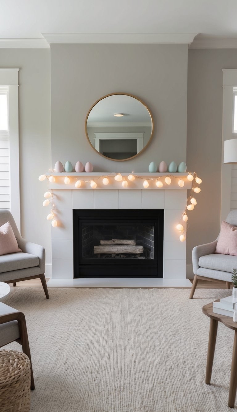 A mantel adorned with pastel eggs and egg-shaped fairy lights