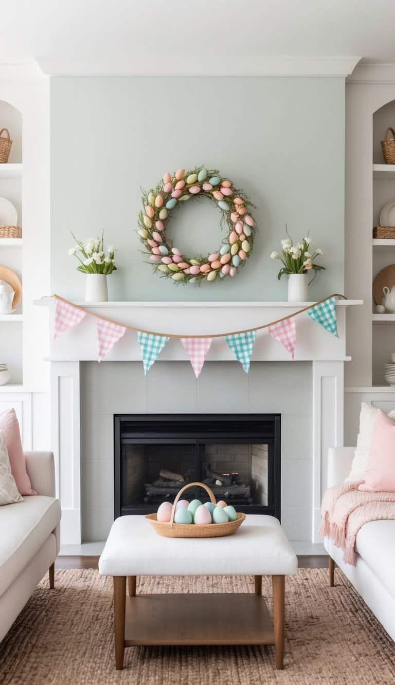 A mantel adorned with pastel eggs and spring plaid bunting