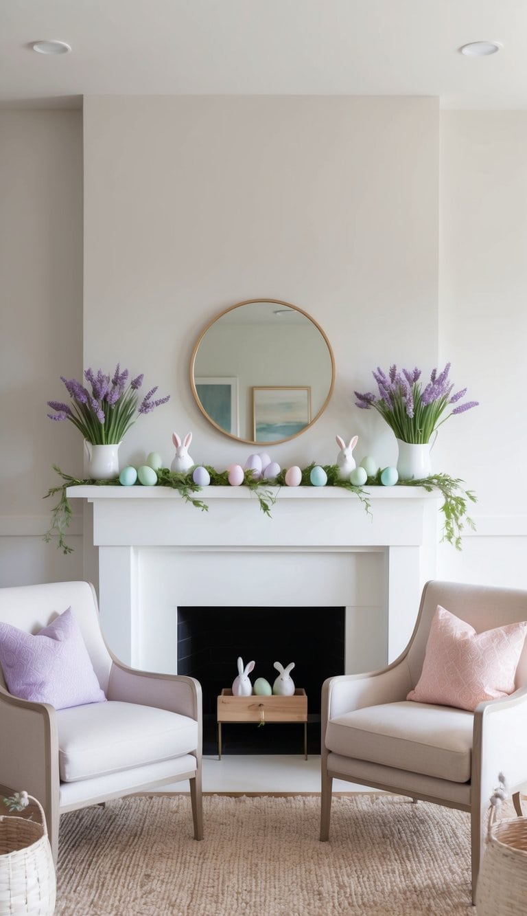 A mantel adorned with pastel eggs, bunnies, and lavender-scented candles for a fresh and festive Easter look