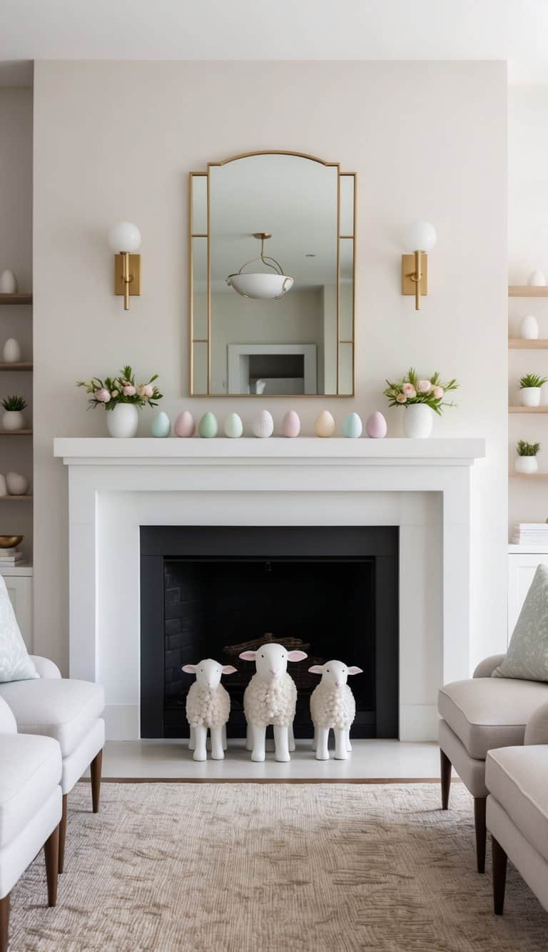 A mantel adorned with pastel eggs and decorative ceramic lambs for Easter