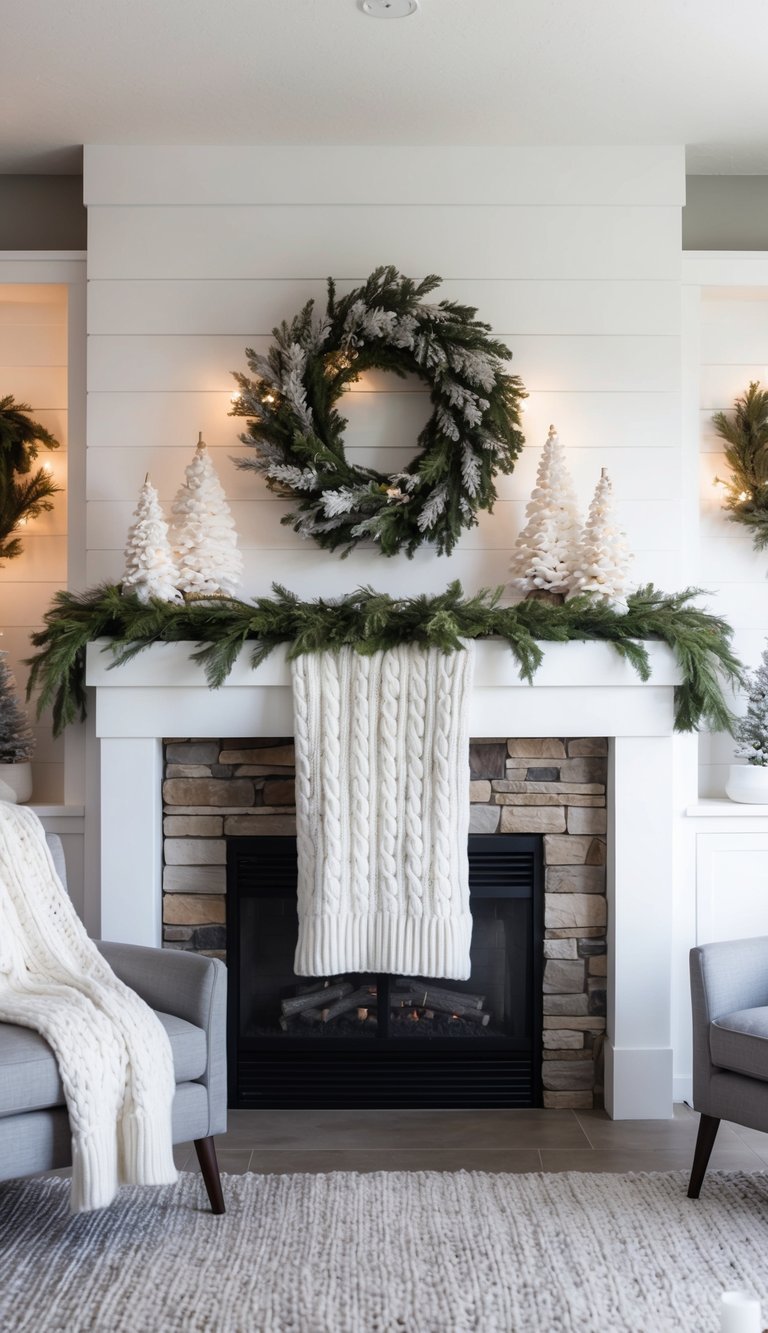 A cable knit throw blanket draped over a rustic fireplace mantel, surrounded by wintry decor and soft lighting