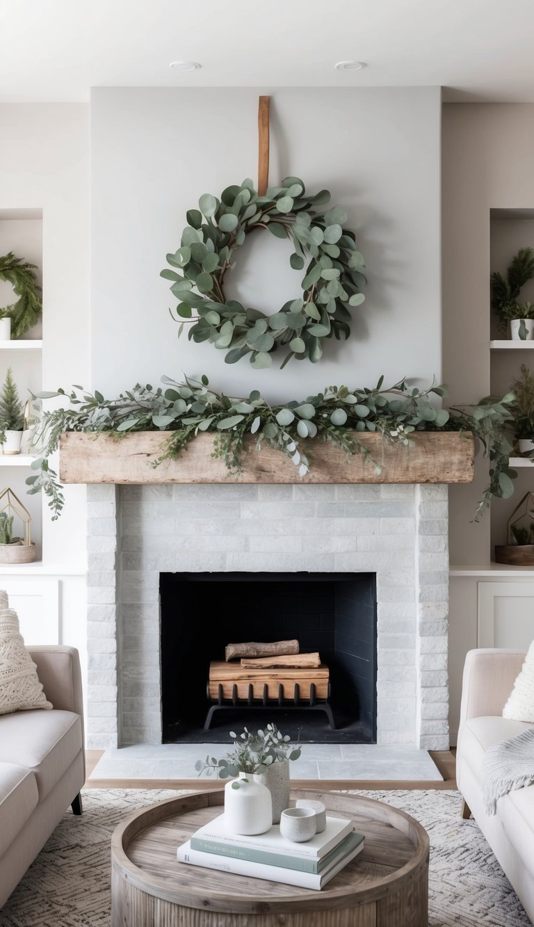 A eucalyptus wreath hangs on a rustic mantel, surrounded by icy tones and cozy textures
