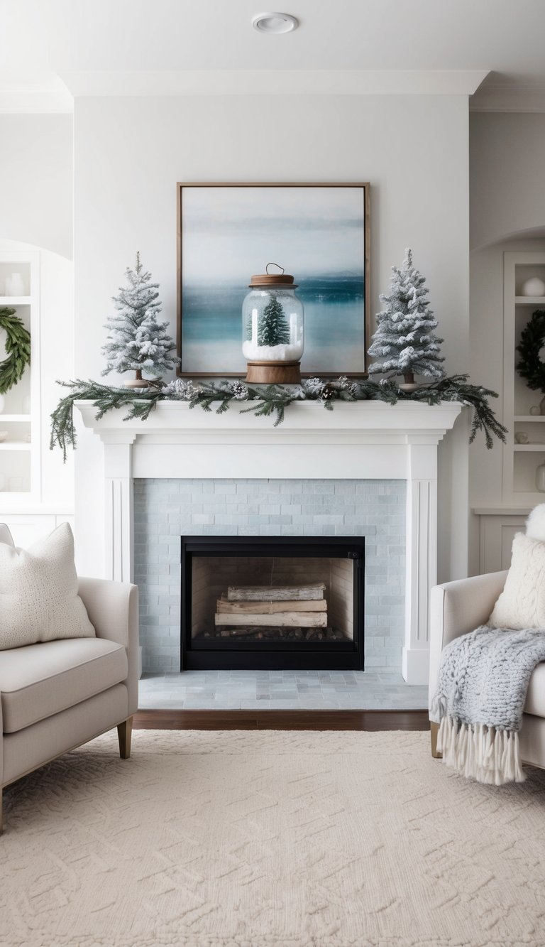 A mason jar snow globe sits on a winter mantel, surrounded by icy tones and cozy textures for a cozy and elegant atmosphere