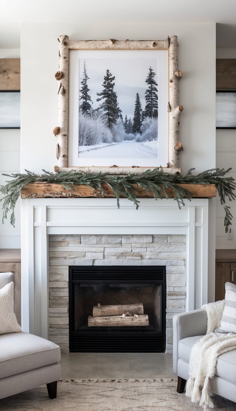 A birch bark picture frame sits atop a rustic mantel adorned with icy tones and cozy textures