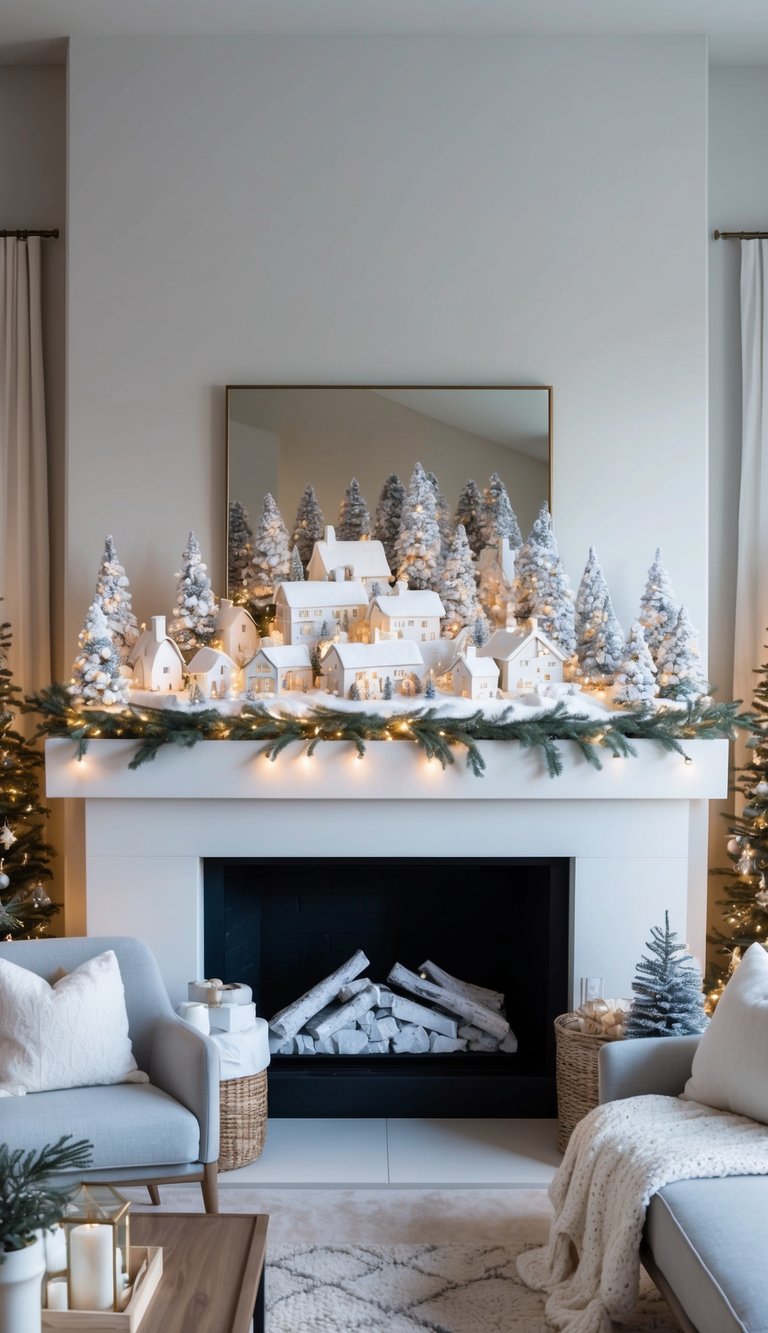 A snowy Christmas village nestled on a mantel, with twinkling lights and cozy textures creating a feeling of winter elegance