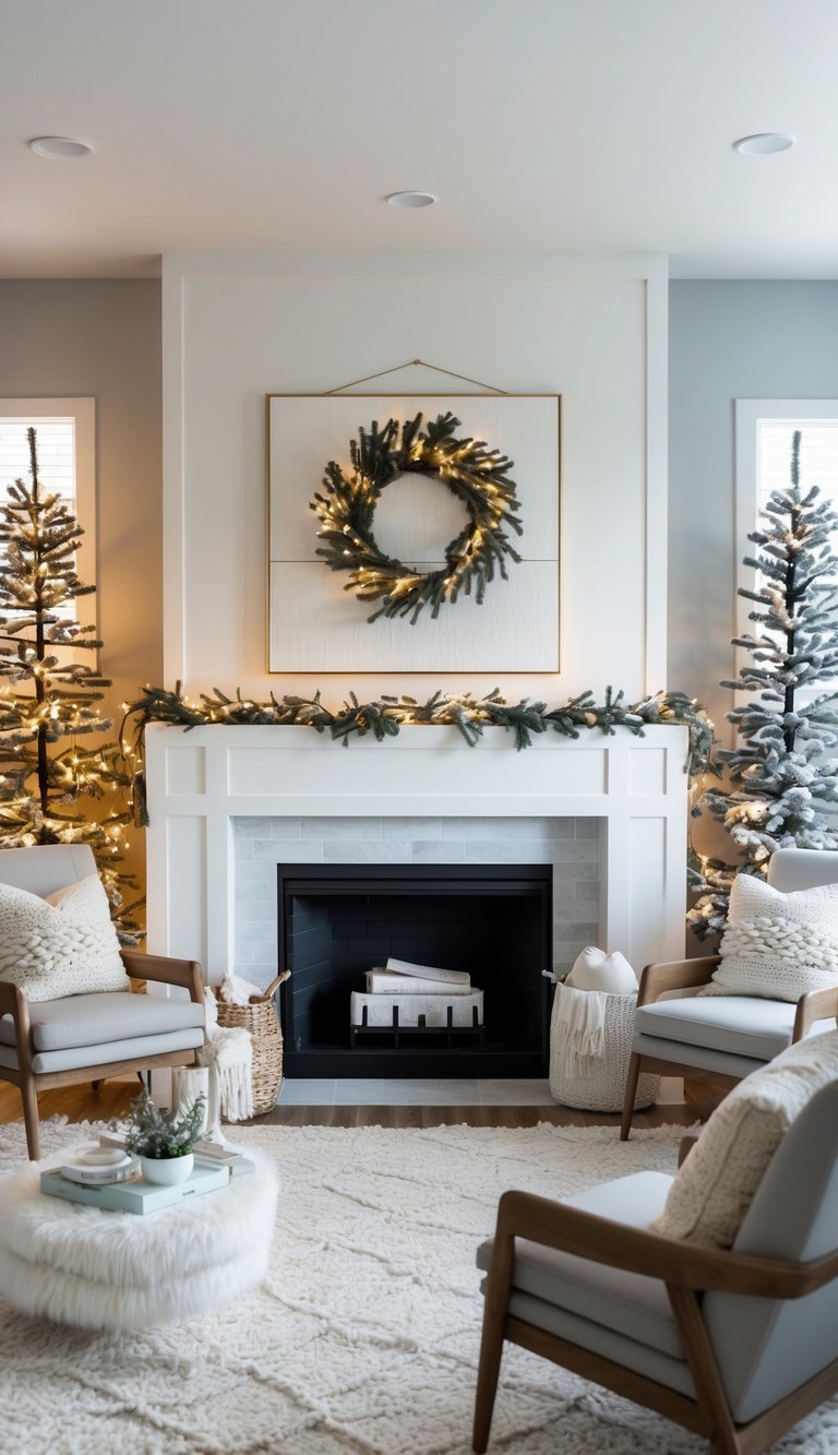 A mantel adorned with LED snowfall string lights, surrounded by winter-themed decor in icy tones and cozy textures